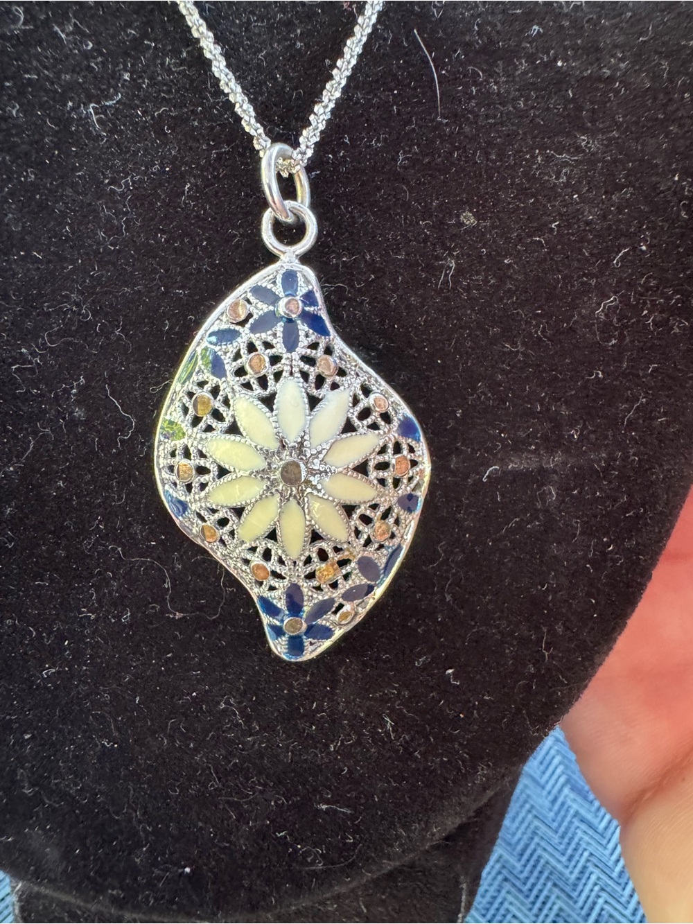 925 Enamel Floral Sterling Silver Filigree Pendant Necklace